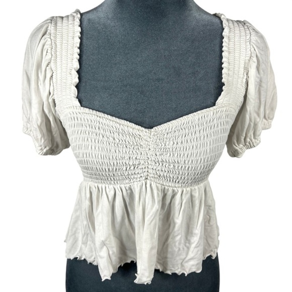 Babydoll Milkmaid Puff Sleeve‎ Top S Off-White Smocked Peplum Cottage Coquette